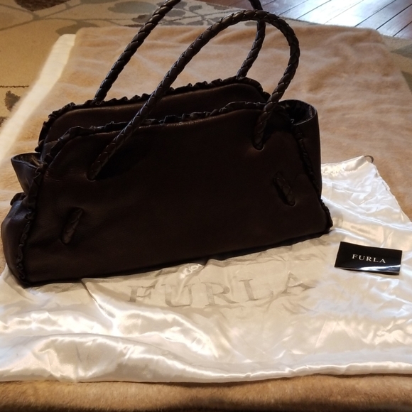 Furla chocolate brown leather satchel with ruffle - Picture 6 of 6